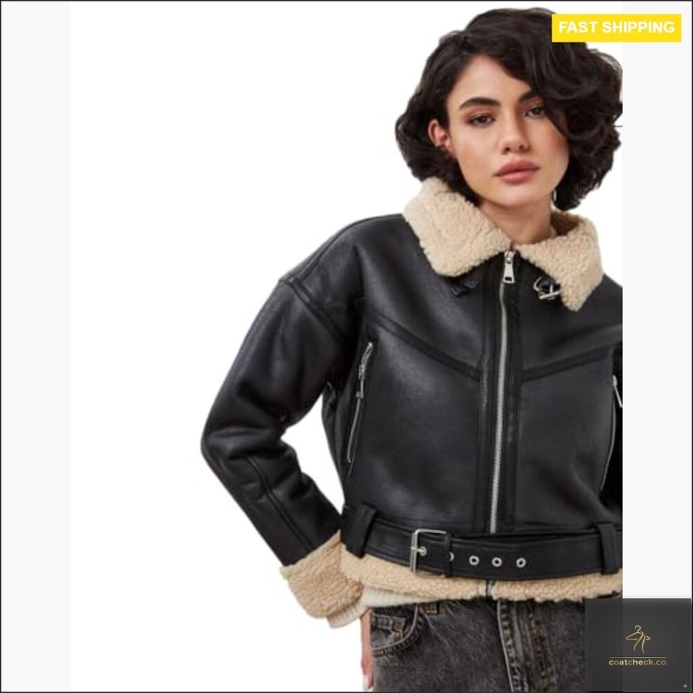 Faux Leather Aviator Bomber Jacket with Sherpa Lining, Winter Coat - Picture 3 of 7